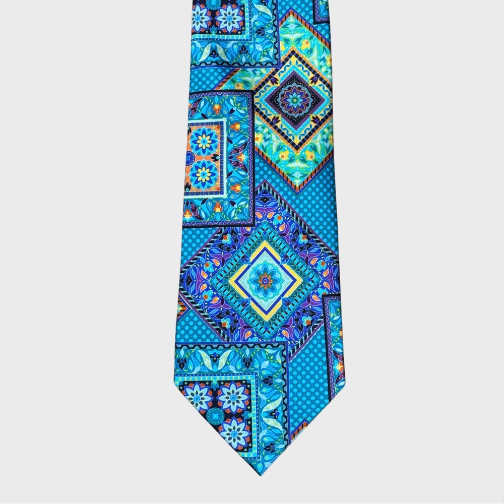 Joseph Abboud Silk Tie Teal Colorful Bright Tile Patchwork Geometric Boho